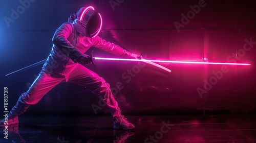 Fencer's lunge illuminated in neon, a duel of light and shadow on black © saichon