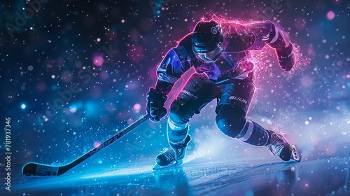 Hockey player in a neon chase, action and speed frozen on a dark rink