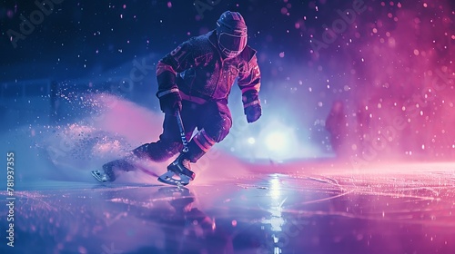 Hockey player in a neon chase, action and speed frozen on a dark rink photo