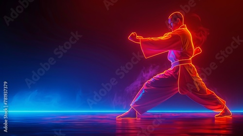 Martial artist striking a pose, neon and shadow play on black, action captured