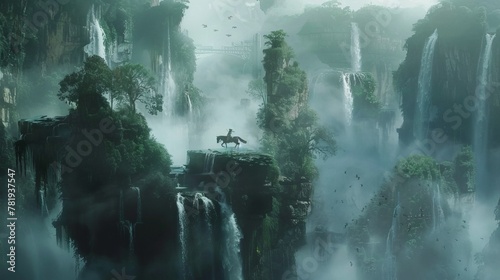 Elf archer navigating floating islands, on a winged horse, amidst cascading waterfalls, serene dawn light, wide shot