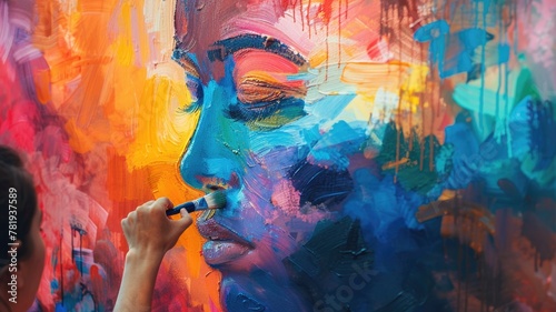 dream where person painting a mural that evolves from dark to vibrant colors, depicting the process of moving through and overcoming sadness photo