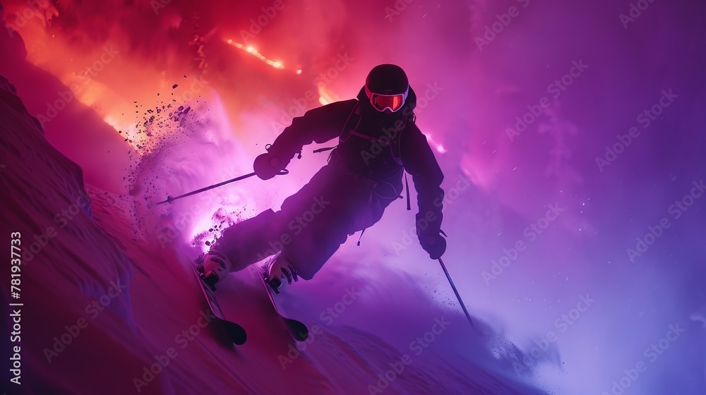 Naklejka premium Skier descending in neon lights, dynamic motion frozen against a black slope