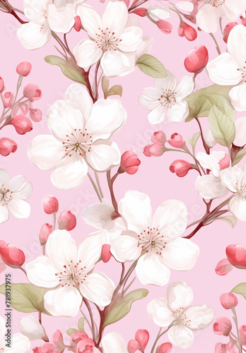 부드러운 파스텔 핑크와 흰색의 작고 손으로 그린 벚꽃이 있는 섬세하고 봄에서 영감을 받은 꽃 패턴 A delicate, spring-inspired floral pattern with tiny, hand-drawn cherry blossoms in soft, pastel pink and white