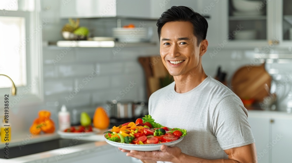 Smiling Man Presenting Healthy Fresh Salad in Modern Kitchen
