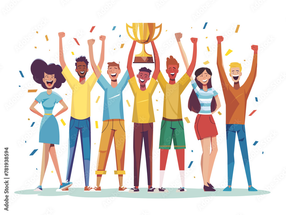 Obraz premium Animated Jubilation: Team Triumphs, Trophy Aloft