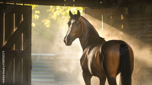 Majestic Horse Bathed in Sunlight in Rustic Stable Ambiance