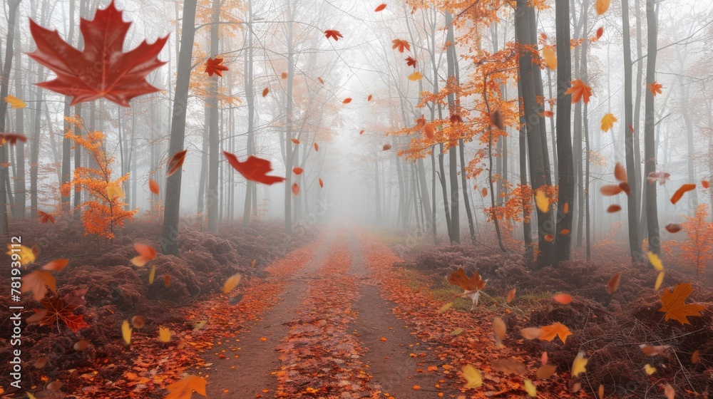 Enchanted Autumn Forest Path with Falling Leaves and Misty Ambiance