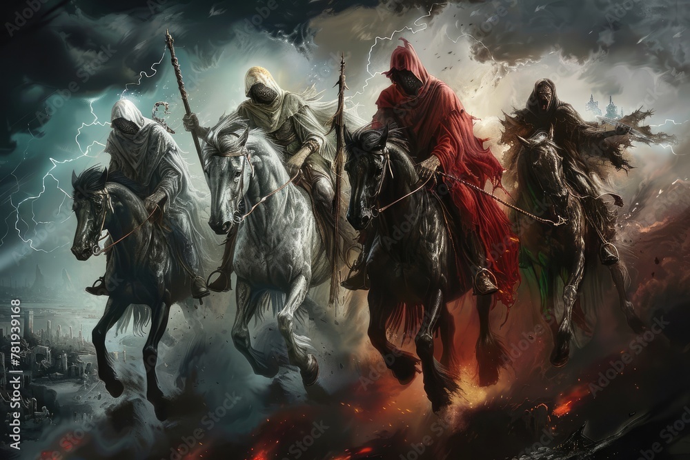 Harbingers of doom: 4 horsemen of the apocalypse - ominous imagery and symbolic significance of legendary riders ushering in end times. representing conquest, war, famine, death in apocalyptic lore. - obrazy, fototapety, plakaty 