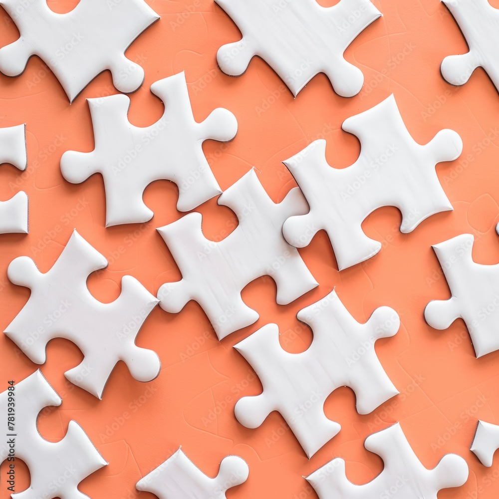 White Jigsaw Puzzle Pieces on Orange Background White Jigsaw Puzzle Pieces on Orange Background