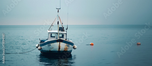 boot, Fischerboot, Fischer, Schiff, meer, wasser, ozean, himmel, urlaub, horizont, natur, blau, wind, see, angeln, Frankreich, Spanien, Strand, Alt, rostig, weiß, blau, boje, Anker, Rede, Vor anker, 