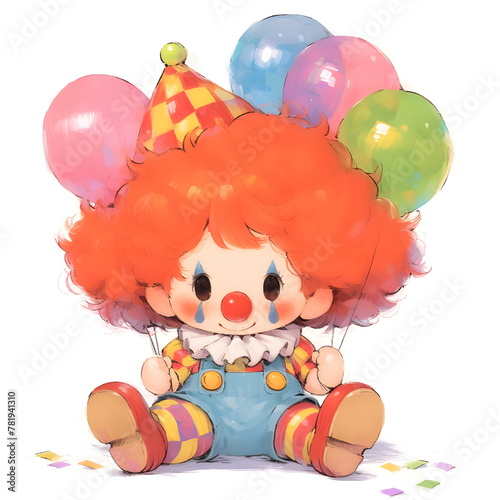 Cartoon drawing of a clown on a white background. A bright illustration for a children's holiday program. Circus poster. © W.O.W