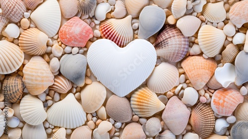 Vacation summer holiday travel tropical ocean sea background square - Close up of heart, made of many seashells, isolated on white background