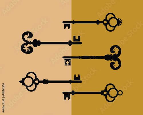 Safety key silhouettes. Secret keys graphics, open Victorian room antique clef icons, and modern keys.