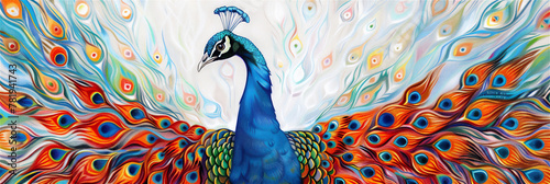 Colored pencil painting, peacock tail flapping its wings, abstract background dominated by white photo