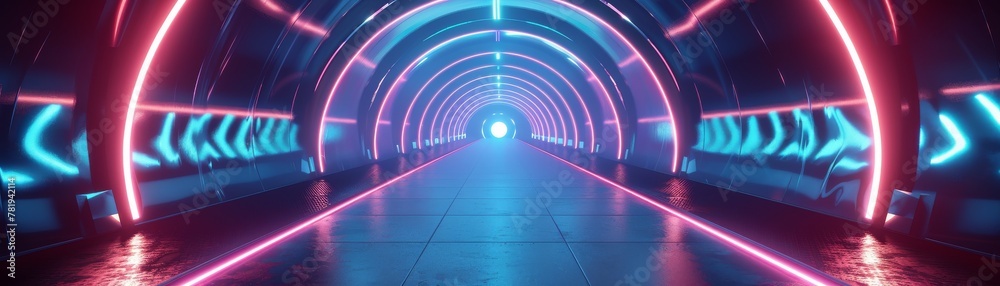 The archway to tomorrow shines with neon, a closeup on technology core, leading to biological wonders