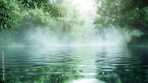 Cold summer morning in the forest with lake, forest reflection and mist on the water surface.
