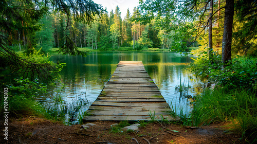 Wooden pier overlooking a forest lake at dawn. Summer nature landscape #781943103
