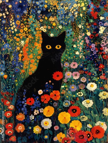 A black cat is sitting in a field of flowers. The cat is looking at the camera with its eyes wide open. The flowers are in various colors, including red, yellow, and purple