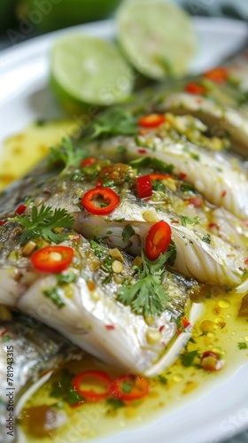 A plate of fish with a sauce and garnish. The fish is cut into pieces and is served on a white plate