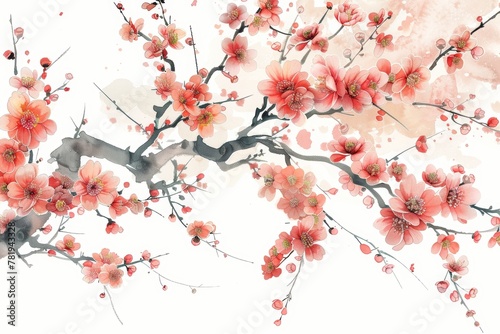 A painting of a cherry blossom tree with pink flowers. The painting is very detailed and has a serene and peaceful mood