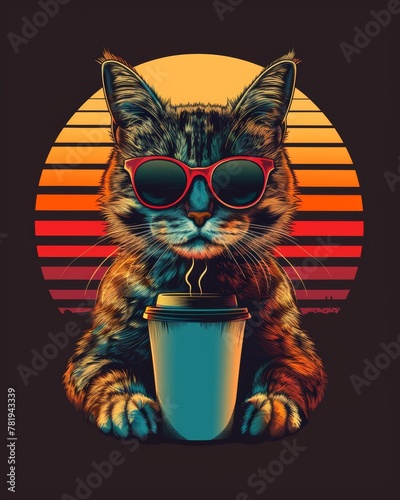 A cat wearing sunglasses and holding a cup of coffee. The cat is sitting on a dark background with a warm orange and red color scheme. The image has a playful and lighthearted mood