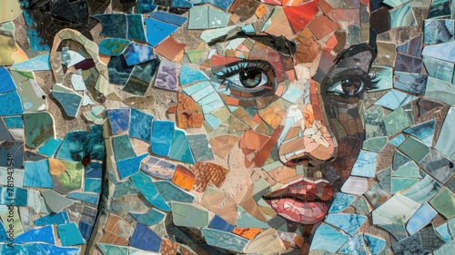 abstract mosaic art piece that focuses on a pair of expressive human eyes, using an assortment of colorful and textured tiles to create a powerful visual impact