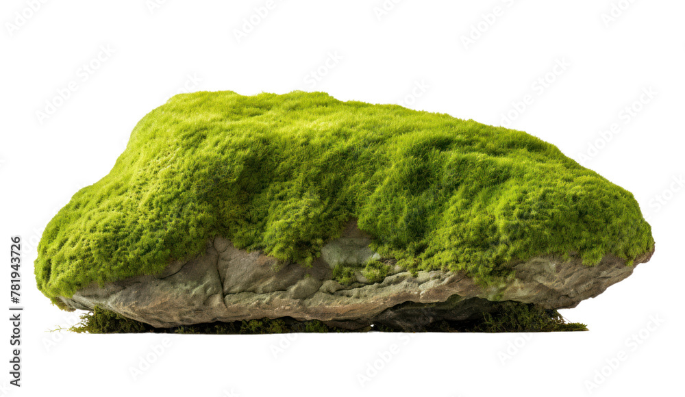 Floating rock island covered by green moss, grass and fern, isolated on transparent and white background.PNG image. Floating rock island covered by green moss, grass and fern, isolated on transparent and white background.PNG image.