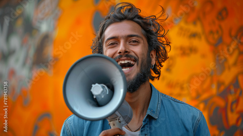 Jubilant overjoyed excited vivid young bearded Indian man 20s years old wears blue shirt hold scream in megaphone announces discounts sale Hurry up isolated on plain orange background studio portrait. photo