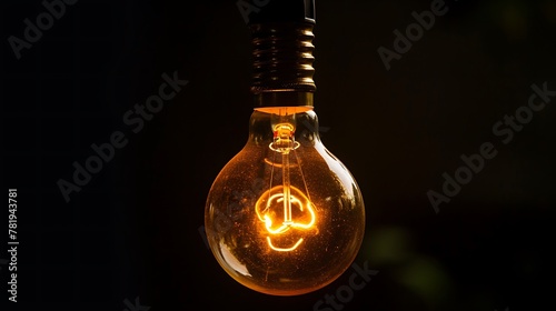 Glowing light bulb hanging in the dark.