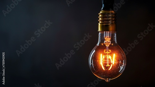 Glowing light bulb hanging in the dark.
