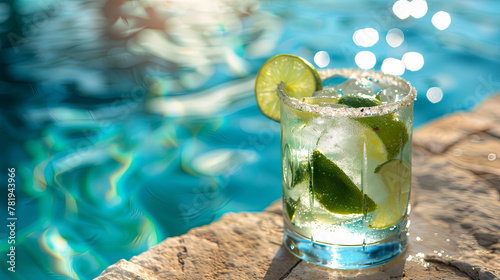 A glass of delicious mojito cocktail with lime sits at the edge of the pool