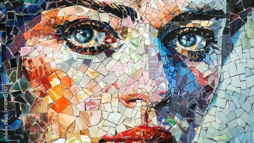 abstract mosaic art piece that focuses on a pair of expressive human eyes, using an assortment of colorful and textured tiles to create a powerful visual impact