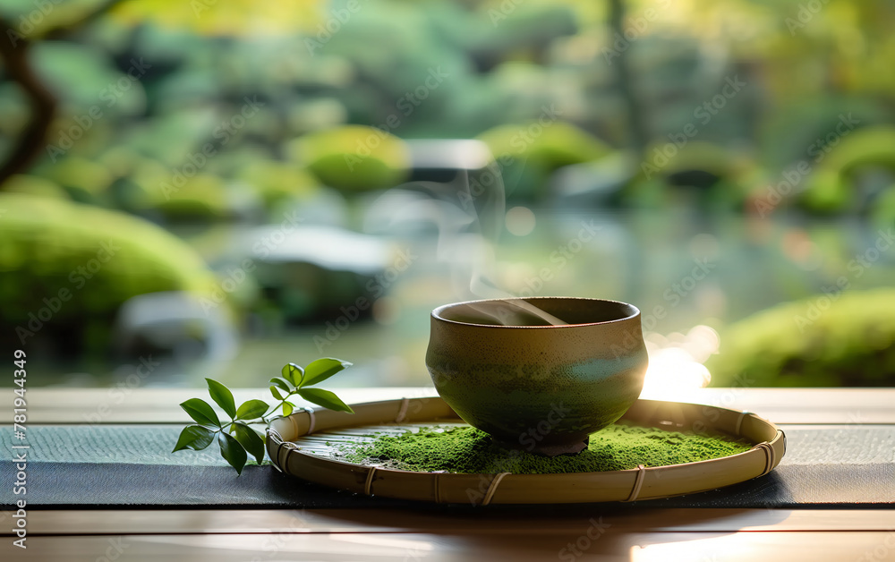 Japanese macha tea in a old ceramic cup neutral colors, minimalist and elegant image, zen japanese garden on background Japanese macha tea in a old ceramic cup neutral colors, minimalist and elegant image, zen japanese garden on background
