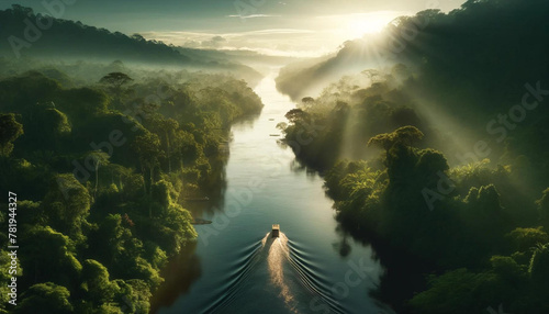 熱帯雨林の川に昇る壮大な朝日 