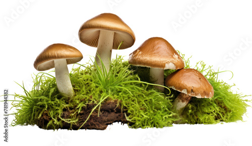 fresh porcini mushrooms in a green moss isolated on transparent and white background.PNG image.
