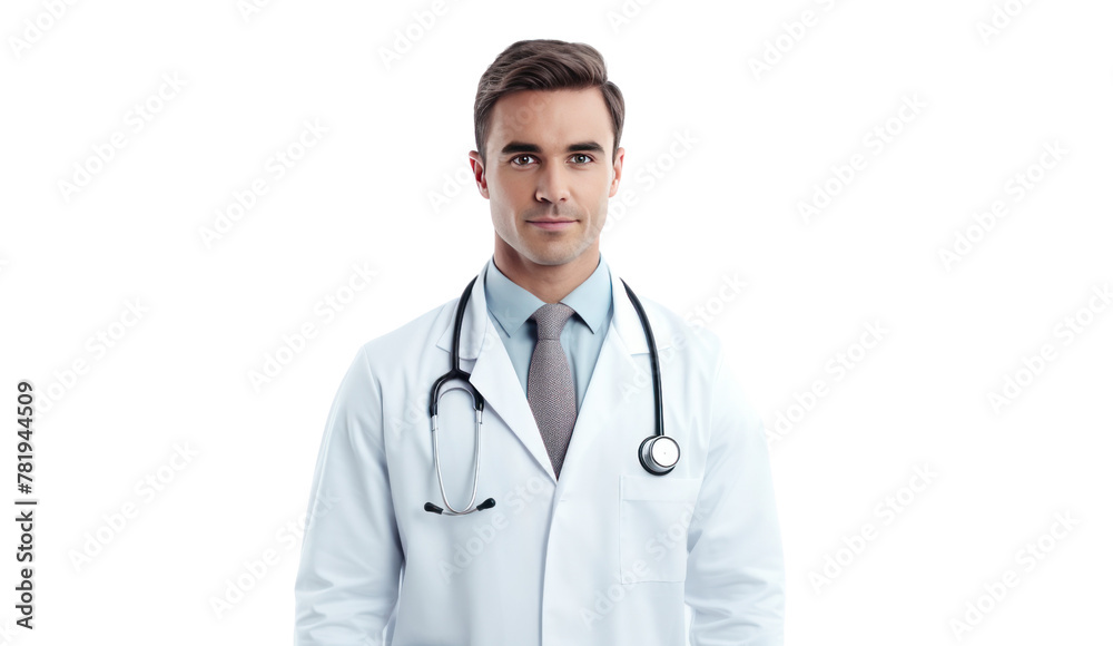 A medical professional in a white coat holds a stethoscope for a checkup Isolated from the white background. A medical professional in a white coat holds a stethoscope for a checkup Isolated from the white background.