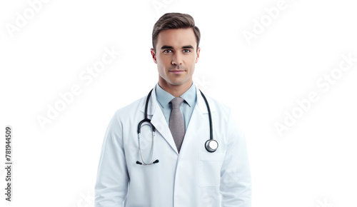 A medical professional in a white coat holds a stethoscope for a checkup Isolated from the white background.