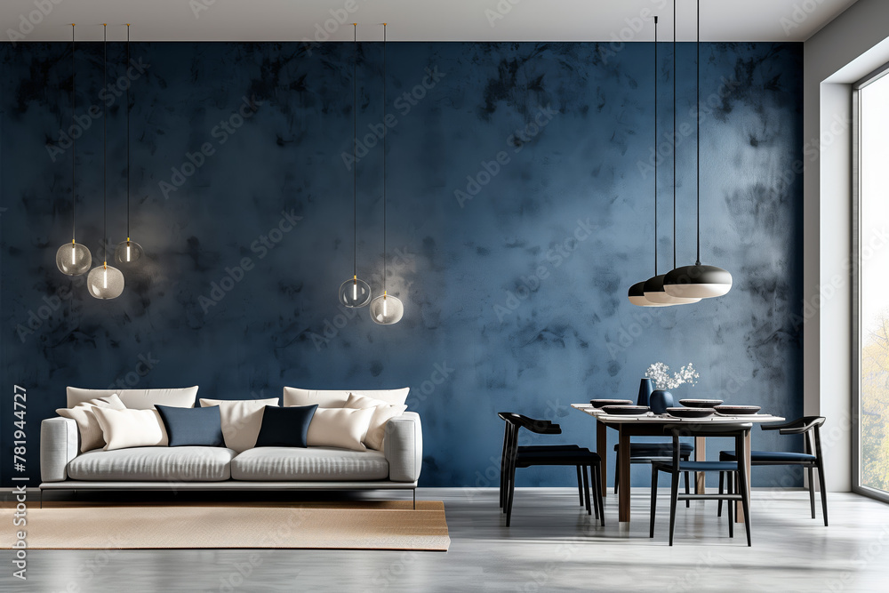 Fototapeta premium Contemporary Living and Dining Space with Blue Watercolor Wall. Chic modern living and dining area featuring striking watercolor wall textures and elegant lighting fixtures