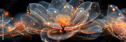 White Transparent blossom flower with golden lights line in close up