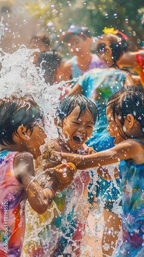 Youth playing in Songkran festival slow-motion water splashes