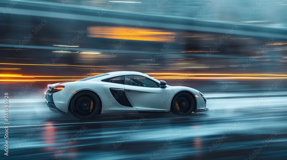 Autobahn Elegance in Motion: A white supercar rockets down the highway, its sleek form a blur of exhilarating velocity.