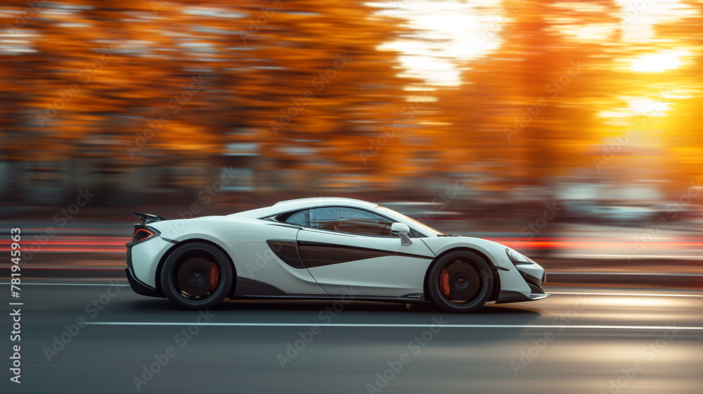 Silver Bullet Unleashed: A side view captures a white supercar vanishing in a hypnotic blur, leaving the Autobahn behind.