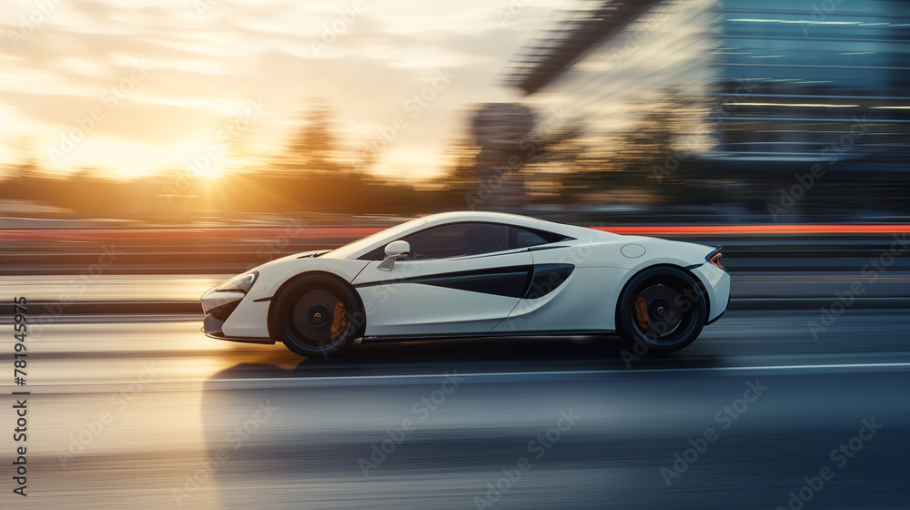 Sonic Sculpture: A white supercar streaks across the Autobahn, its form distorted by the sheer force of its velocity Sonic Sculpture: A white supercar streaks across the Autobahn, its form distorted by the sheer force of its velocity