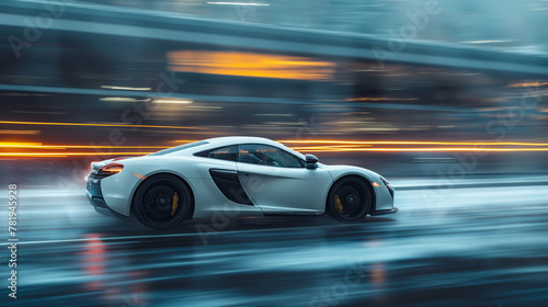 Autobahn Elegance in Motion: A white supercar rockets down the highway, its sleek form a blur of exhilarating velocity. © Phrygian