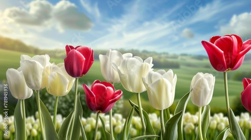 Vibrant Red and White Tulips in Lush Green Field Under Blue Sky