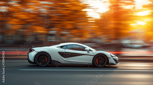 Silver Bullet Unleashed: A side view captures a white supercar vanishing in a hypnotic blur, leaving the Autobahn behind. © Phrygian
