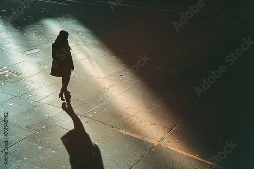 Silhouette of a woman walking on a sunlit street with shadows and light.