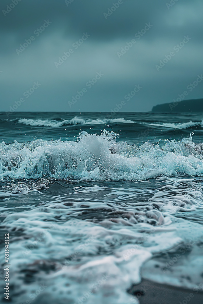 Obraz premium minimalistic photo of a beach with waves, light sky-blue and dark gray, 