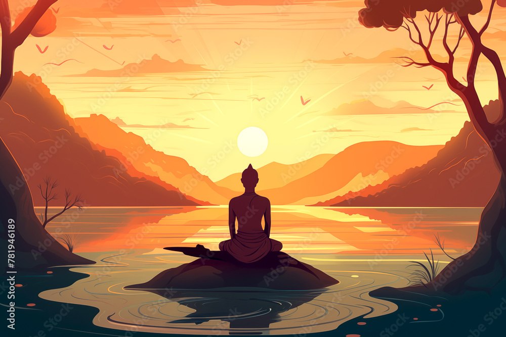 Calm meditation scene of a young monk is meditating while sitting on the stone with lake and mountain view illustration flat design.